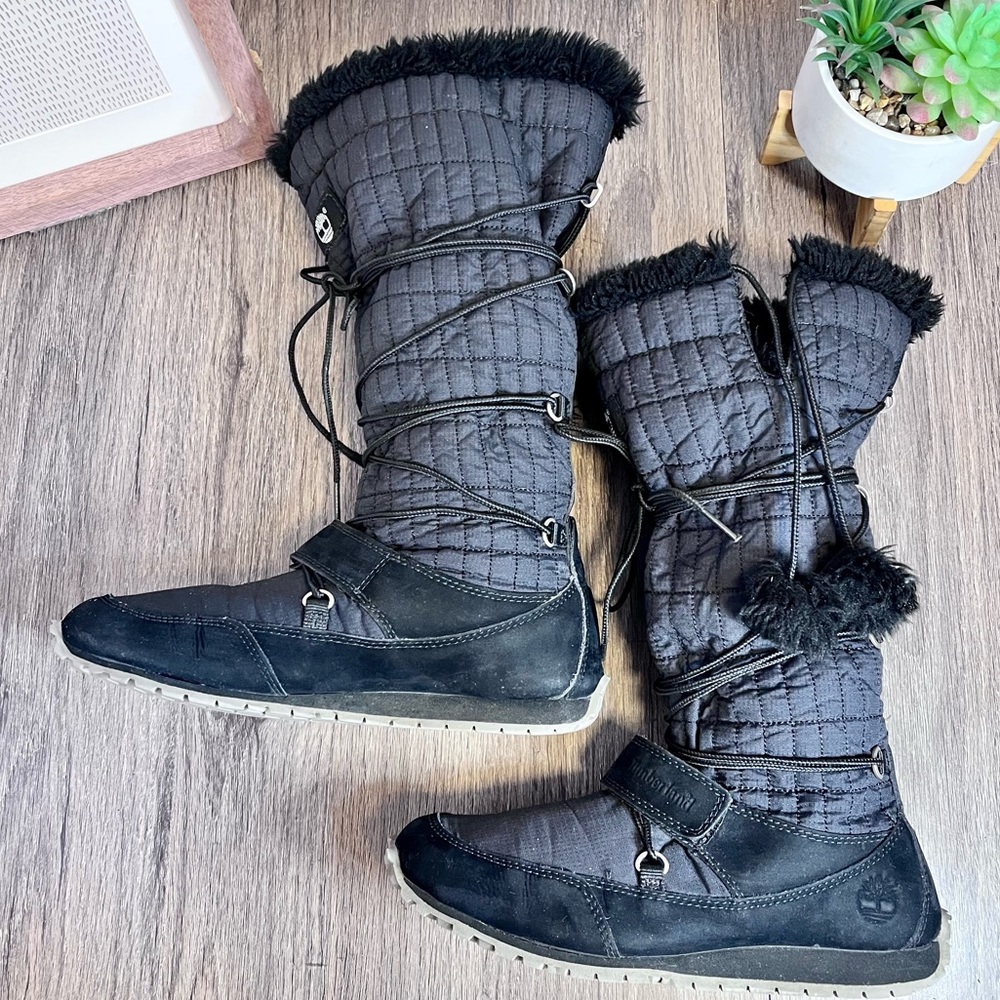 *🎉 HP 🎉Timberland | Black Leather Lace Up Fur Trim Mid-Calf Winter Boots S 7 - Picture 5 of 14